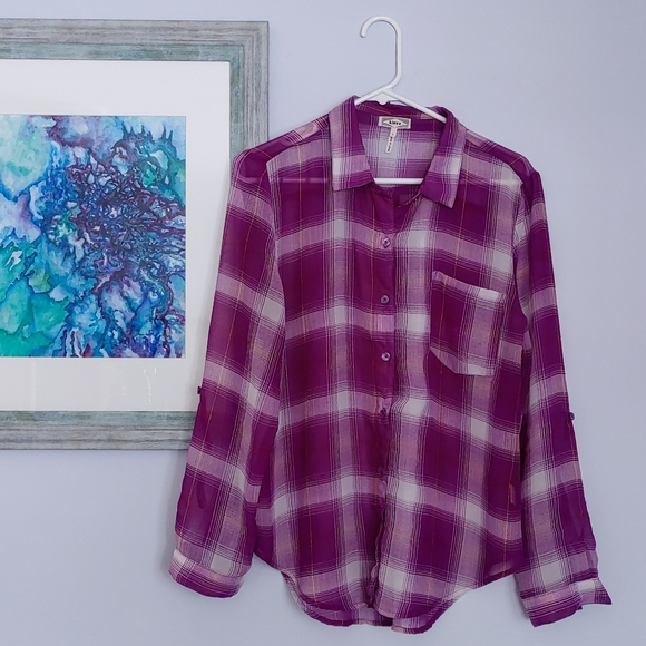 Kirra Sheer Plaid Button Down Roll Up Sleeves - Picture 1 of 14